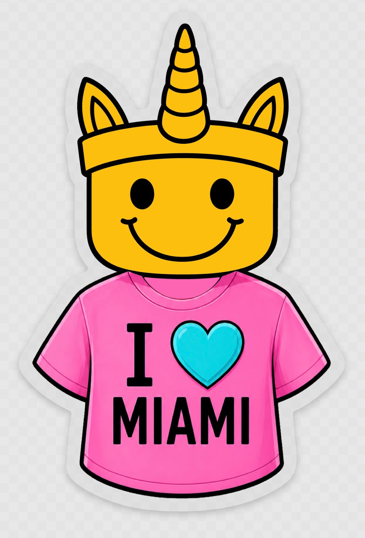 ChupaChoco unicorn sticker in a pink I Love Miami t-shirt