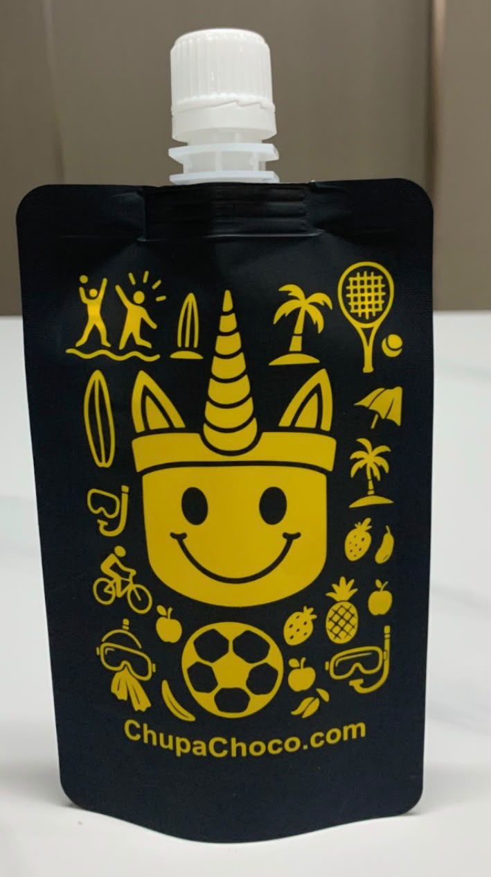 ChupaChoco black squeeze pouch printed with the yellow unicorn mascot