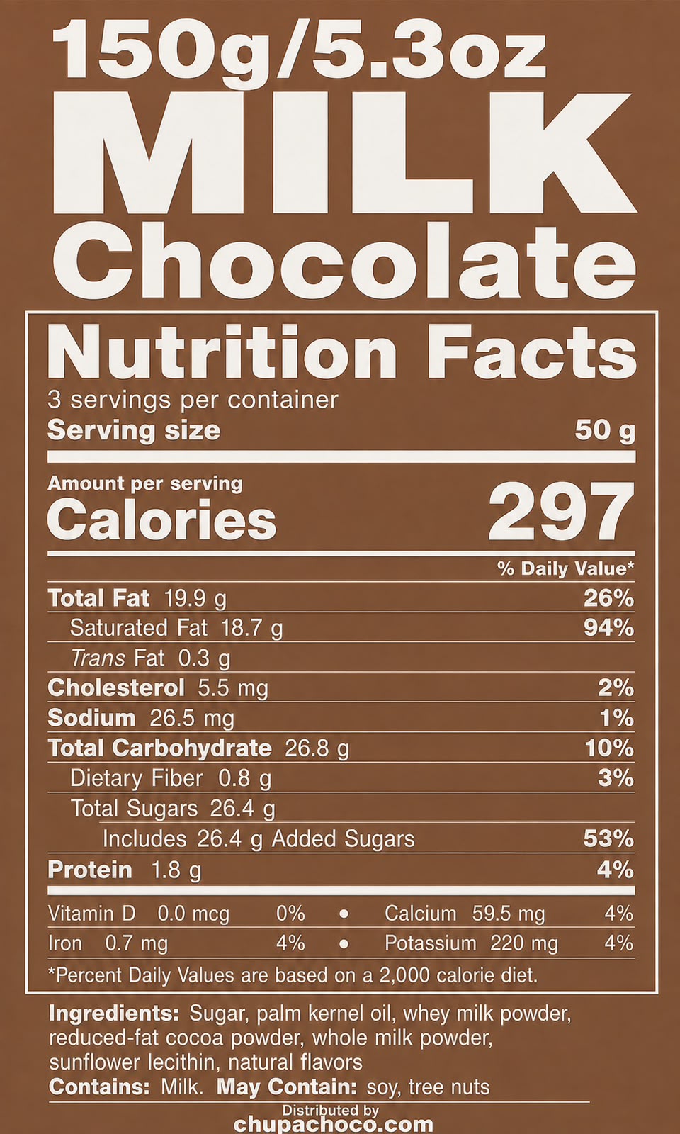 Milk chocolate nutrition facts panel, 150g / 5.3oz